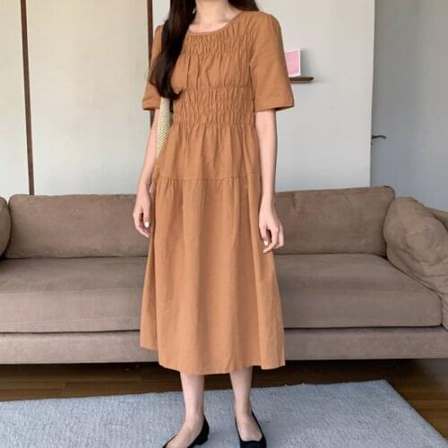 Women Summer Vintage Long Folds Dress 2021 New Elastic Bust Round Collar A-line Maxi Pullover Sundress Solid Color
