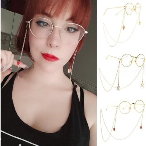 1PC Multiple Styles Gold Metal Eyeglass Chains with Pendant Strawberry Cross Flower Reading Glasses Cord Holder Neck Strap Rope