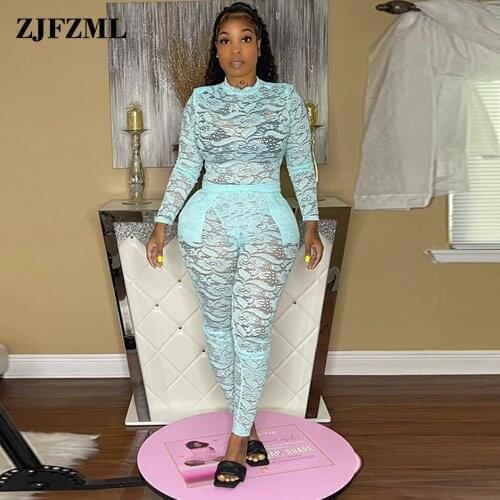 Basic Sheer Lace See Through Two Piece Outfit Women Long Sleeve Skinny Bodysuit and Party Clubwear Trouser Midnight Tracksuit