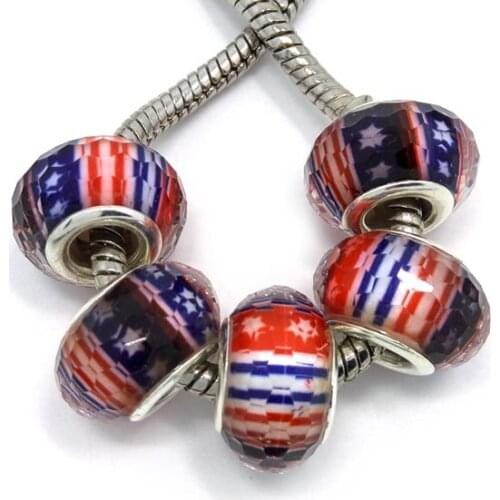 Free Shipping 50pcs 14mm Wholesale Fashion Big Hole Resin Beads US flag design for Eurpean Bracelet jewelry DIY
