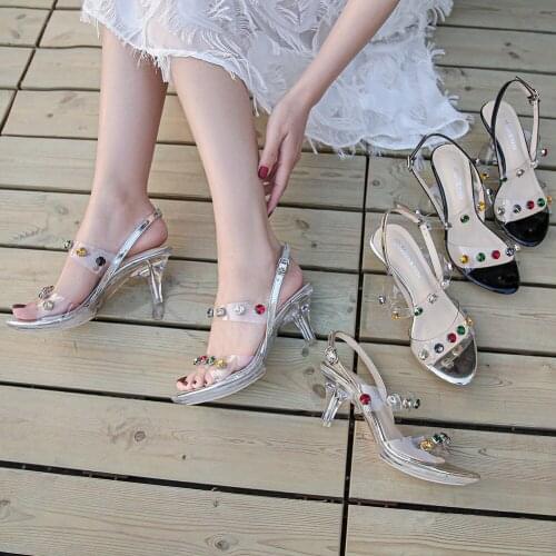 Women Summer Crystal Peep Toe High Heels Shoes Crystal PVC Transparent Heel Sandals Set Diamond High Heels