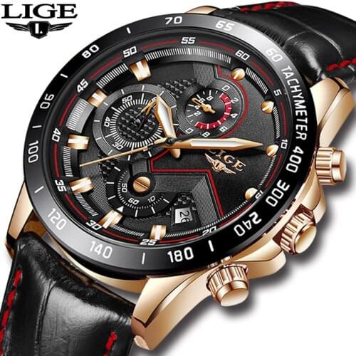 LIGE 9874 Mens Casual Waterproof Chronograph Leather Sports Wristwatch Calendar Military Quartz Dress Watches Male Clock