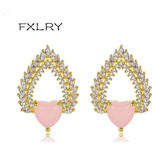 FXLRY Luxury CZ Stone Double Colors Micro Inlay Zircon Cute Heart Stud Earrings for Women Wedding Party Jewelry Gift