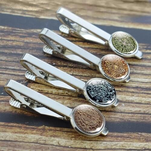 Hot Mayan Calendar Tie Clip Glass Jewelry Vintage Mexican Aztec Calendar Necktie Clip Pin Gifts Dropshipping
