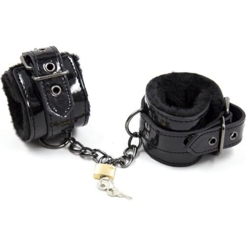 Leather Plush Handcuffs Iron Chain Black Copper Lock Plush Leather Bright Leather Hand And Handcuffs Tied Hands