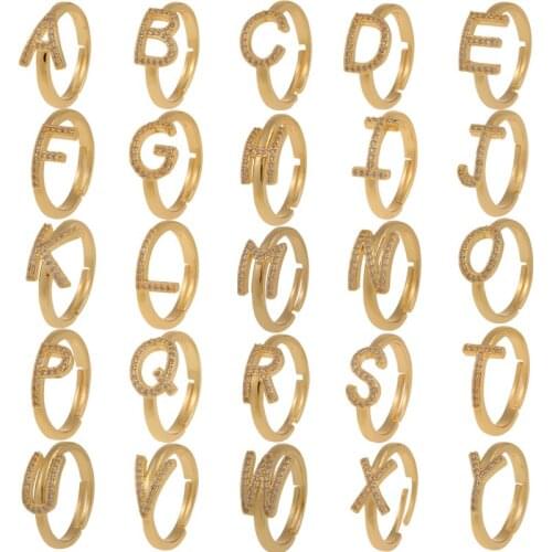 Hot Sale Adjustable A-Z 26 Initial Letter Alphabet Finger Ring Dainty CZ White Zircon Jewelry For Women Girl Simple Elegant Gift