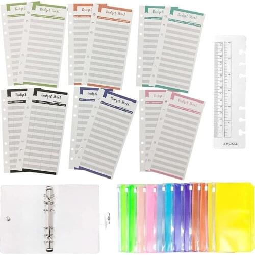 26 Pieces A6 Binder PVC Notebook Cover Budget Envelopes Planner Organizer with Binder Zipper Pockets, Budget Sheets & Ruler
