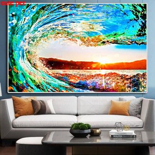 Full drill square diamond painting Wave in the setting sun diamond art 3d rhinestone embroidery scenic sea cross stitch decor