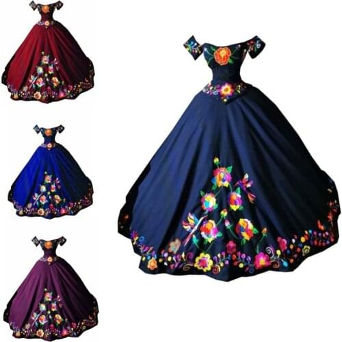 Modest 2021 Navy Colorful Flower Embroidery Ball Gown Satin Quinceanera Dress for 15 Years Vestios De Fiesta Sweet 16 Gowns