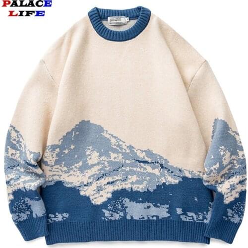 Men Harajuku Moutain Printed Sweaters Winter 2021 Oversized Korean Fashions Gradient Knitting Sweater Women Vintage Clothes