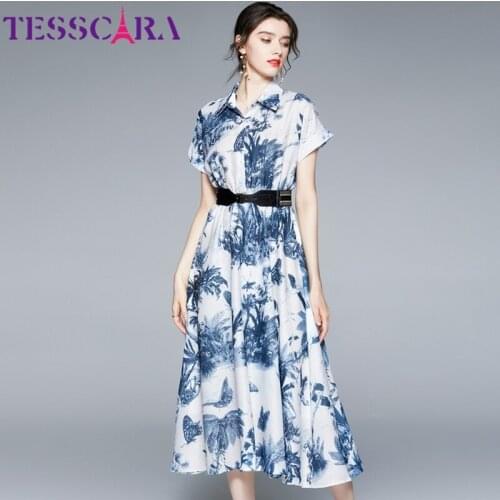 TESSCARA Women Summer Elegant Dress Shirt High Quality Long Office Party Robe Femme Vintage A-Line Designer Casual Blue Vestidos