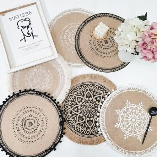 Woven Placemat Geometric Tassel Table Mat Cup Pad Heat Insulation Cupmat Nordic Round Coaster Elegant Dinner Room Decor