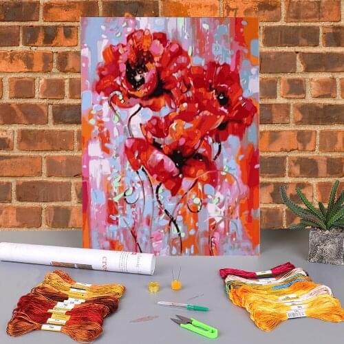 Poppy Flowers Printed Water-Soluble Canvas 11CT Cross Stitch Embroidery Kit DMC Threads Needlework Painting Magic
