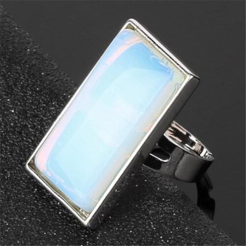 WWLB Rectangle Natural Stones Finger Rings Silver-color Adjustable Ring Healing Crystal Pink Quartz Women Statement Jewelry S190