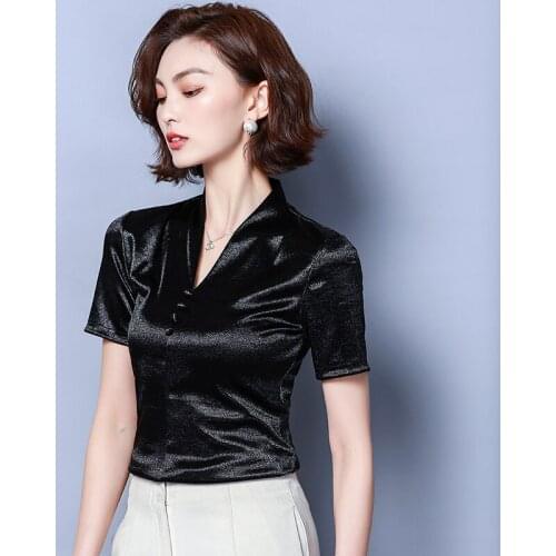 2021 The New Womens 100% Pure Silk Satin Fabric Top Shirt Blouse V Neck short sleeve solid colors
