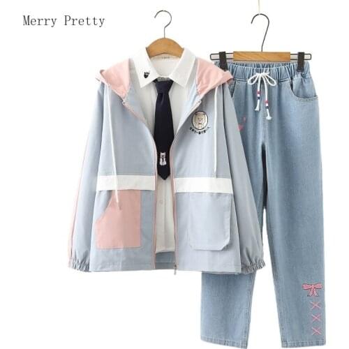 Womens Clothing Casual Sets Pants Set Zipper Hooded Jackets with Denim Pants White Blouse Tracksuit Suit 2021 Three Piece Set