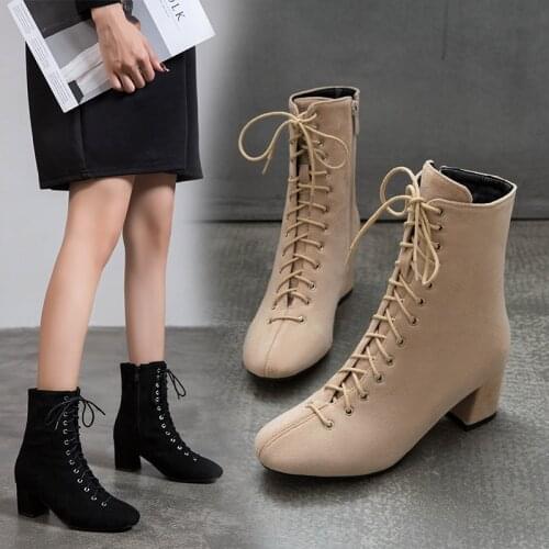Black Ankle Boots for Women Chunky Boots High Heel Autumn Winter Pointed Toe Booties Woman Fashion Zipper gray Black Boots 2019