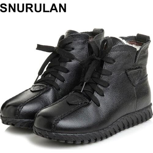 SNURULAN Womens ankle boots, woolen winter boots with flat soles, womens shoes made of cotton, black, red, lace-up, fur warm