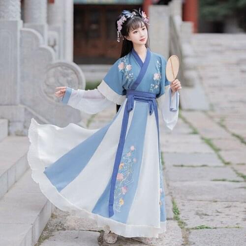 Summer New Blue Women Hanfu Suit Long Sleeve Ancient Princeness Costume Traditional Satin Cross Collar Cosplay Dressing