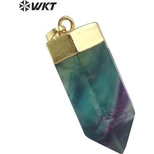 WT-P1467 natural rainbow fluorite stone Pendant purple green pencil cylindrical gold Pendant Necklace women Jewelry 2019