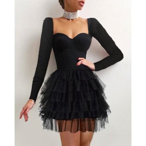 Womens Mesh Dress Elegant Long Sleeve/Off-Shoulder High Waist Tulle Tutu A-Line Dress Formal Party Ladies Solid Color Vestido