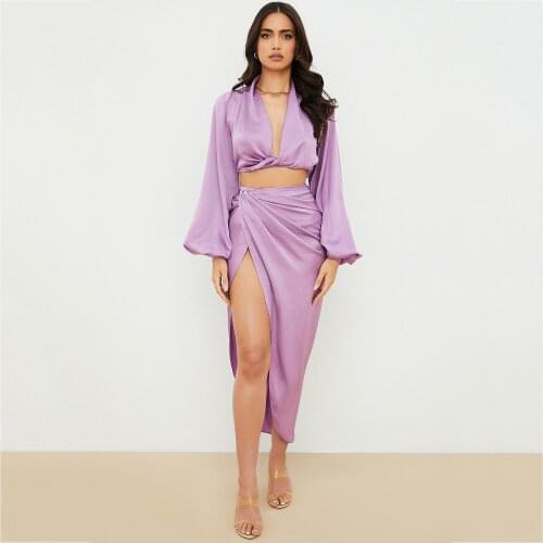 Zim New Satin Two Piece Set Women Autumn Long Lantern Sleeve Crop Top High Split Long Skirts 2 Piece Set Green Party Clothes