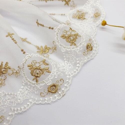 Gold Embroidered Flower Lace Trim Net Fabric DIY Lolita Dress Collar Sewing Elastic Band V2915