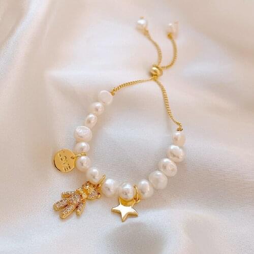 14K Real Gold Plating Micro-Inlaid Bear Bracelet Baroque Natural Pearl Bracelet Ins Sisters Girlfriends Bracelet Female Trend