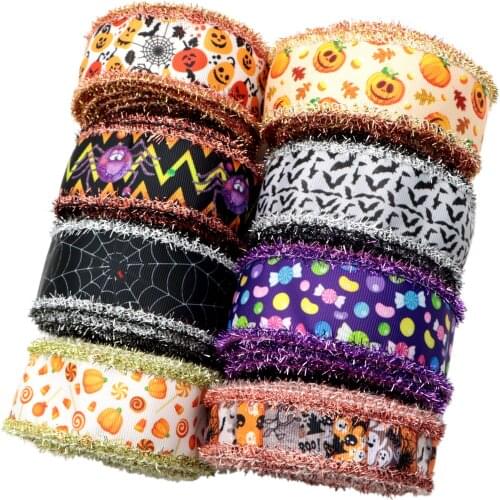 38MM/75MM 2Yard/roll Halloween Theme Grosgrain Ribbon with Tinsel Edges For Sewing Wrapping Art Sewing Hairbows,2Yc20485