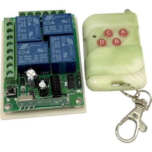 4CH Relay RF Wireless Remote Control Switch - Wireless Light Switch, Receiver With One Button Transmitter, DC12V