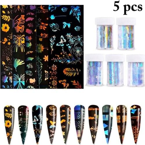 5 Boxes Kapmore Butterfly Foil Nail Sticker Decorative DIY Flower Nail Decal Manicure Sticker Women Girls Nail Art Decorations