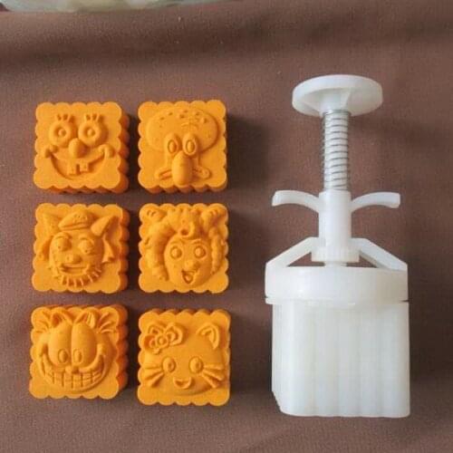 50g Chinese Cartoon Square design Mooncake mung bean cake Molds mould with 6 Stamps plastic hand pressure , 50sets/lot