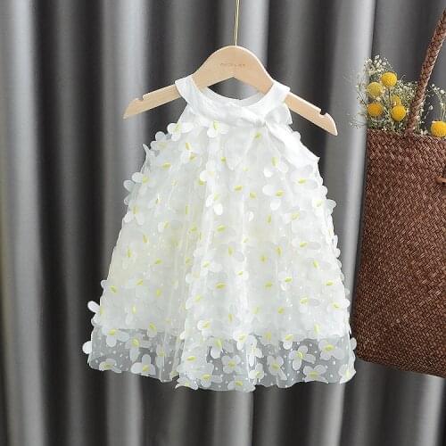 Summer Baby Girls Sweet Bow Flower Dress Sleeveless White Gauze Dress Children Brim Princess Dress Kids
