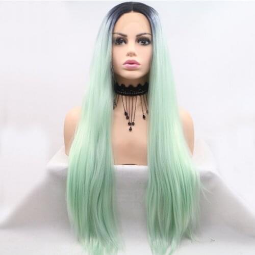 M&H Light Green Wigs Long Straight Synthetic Hair Lace Front Wigs Dark Roots Heat Resistant Fiber Cosplay Part Lace Frontal Wigs