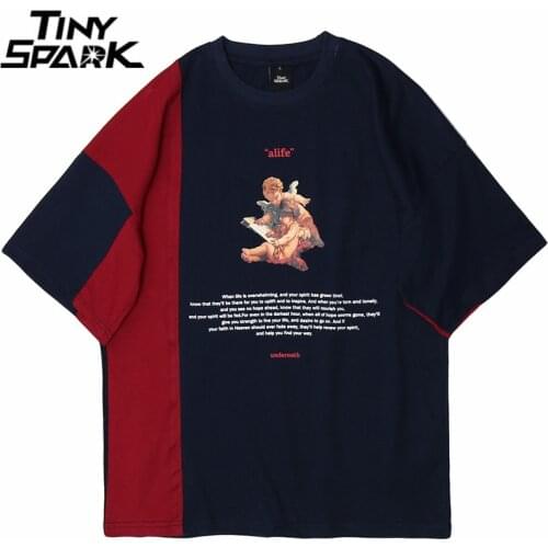 Men Hip Hop T Shirt Streetwear Color Block Patchwork Harajuku Baby Angel Tshirt Short Sleeve Summer 2021 T-Shirt Cotton Tops Tee