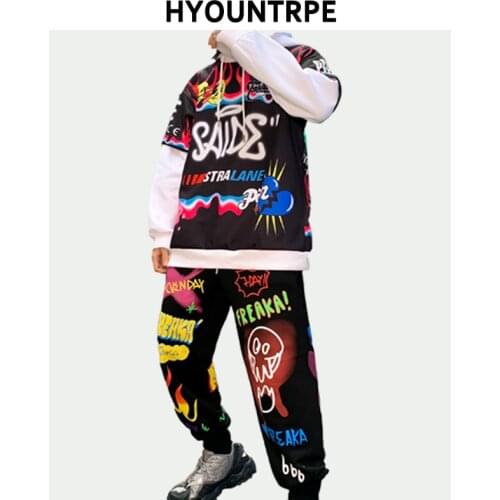 2 Pieces Sets Mens Graffiti Printed Patchwork Tops Hoodies and Elastic Waist Loose Fit Pants Joggers Streetwear Tracksuits Sets