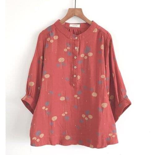 2020 New Summer Women Shirt Japan Style Cotton Literary Print Tops Stand Collar Three Quarter Sleeve Blouse Women