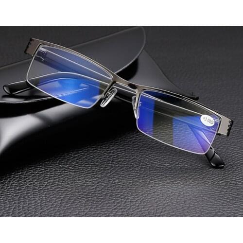 Blue Film Anti Blue Light Reading Glasses Men Women Metal Half Frame Hyperopia Eyeglasses Diopter +1.0 1.5 2.0 2.5 3.0 3.5 4.0