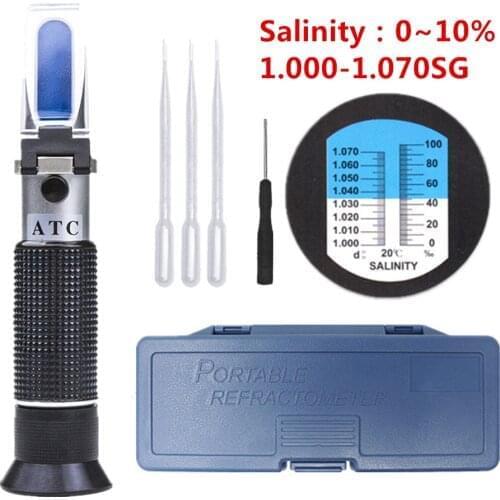 Handheld 0~10% Salinity Refractometer 1.000-1.070SG For Salt Aquarium Seawater Tester With ATC