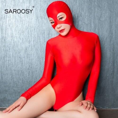 SAROOSY Sexy Bodysiut Women Masked Cat Girl Half Coat Cosplay Costumes Erotic Glossy 2Zipper elastic Bodystocking Sexy Underwear