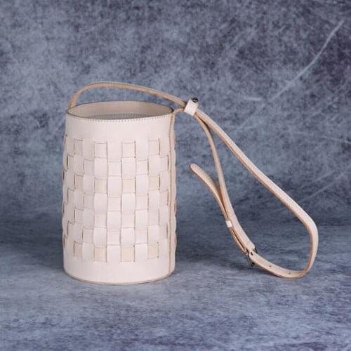 New style leather woven shoulder bag, top layer cowhide woven bucket bag