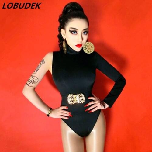 High Collar Single Sleeve Sexy High Fork Bodysuit With Belt Bar Women Singer Dancer Costume DJ Jazz Performance Dance Outfit