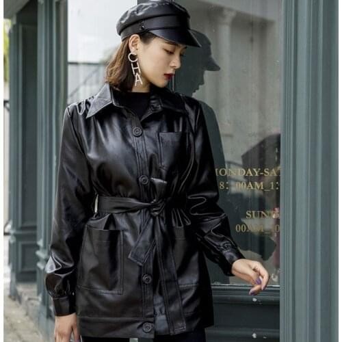 2021 Spring Autumn Women Khaki Black Faux PU Leather Jacket Single-breasted Plus Waist Belt Loose Big Pockets Biker Coat Female