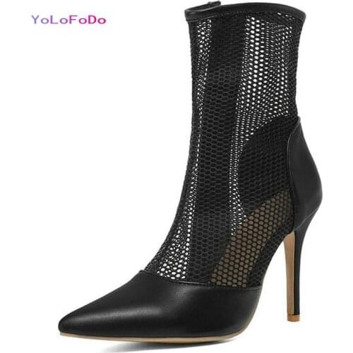 Black White Summer Women Ankle Boots PU Leather Women Thin High Heel Boots Fashion Pointed Toe Zipper Ladies Summer Boots 2021