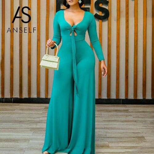 ANSELF Womens Jumpsuit Wide Legs Playsuits Soft Seamless Long Sleeve V Neck Tied Front High Waist Solid Casual Rompers Jumpsuit