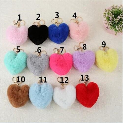 Fluffy pompom Keychain Gifts Women Soft Heart Shape Pompon Fake Rabbit Key Chain Ball Car Bag Accessories Key Ring B019