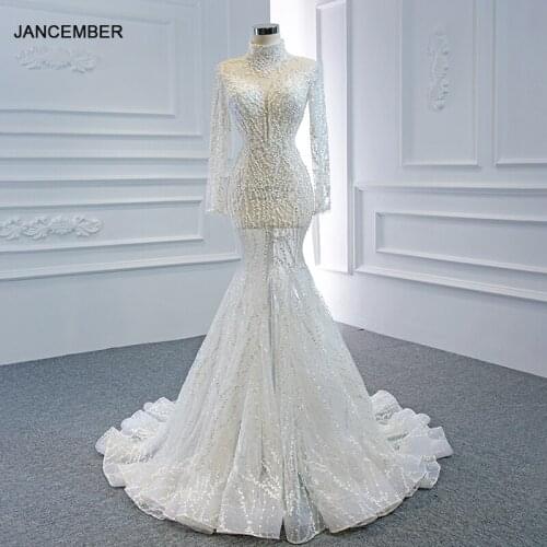 J67140 JANCEMBER White Sexy Wedding Mermaid Dresses 2020 High Neck Pearls Beading Lace Up Back Sequined
