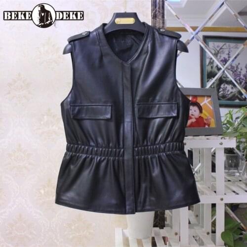 Streetwear Women Genuine Leather Vest Zip Elastic Waist Slim Fit O-Neck Punk Sleeveless Coat Female Motorcycle Waistcoat Coats