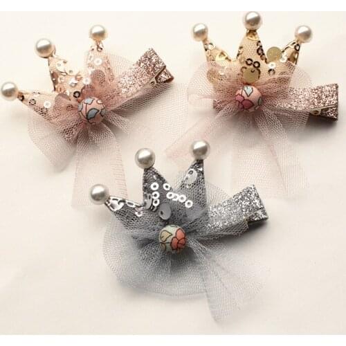 18pcs/lot Modish Girls Glitter Crown Shape Hairpins Sequins Kids Hair Clip Gauze Bows Hair Pearl Headwear Children Hairpin