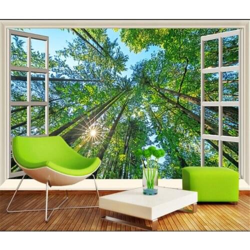 Beibehang Large custom window outside the sun woods three-dimensional nature TV living room background decoration